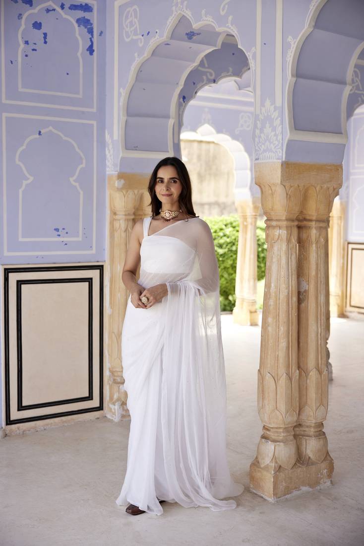 Geroo Jaipur White Hand Embroidered Mukaish Chiffon Saree