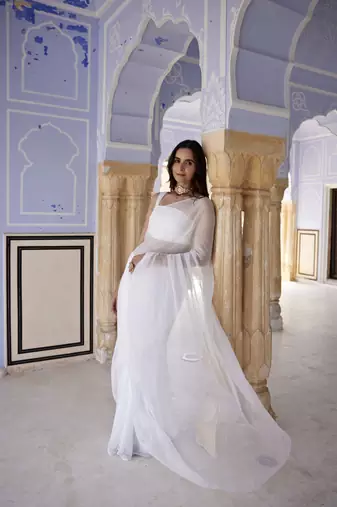   White Hand Embroidered Mukaish Chiffon Saree