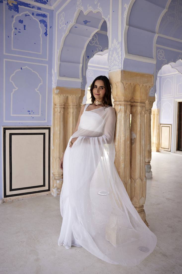 Geroo Jaipur White Hand Embroidered Mukaish Chiffon Saree