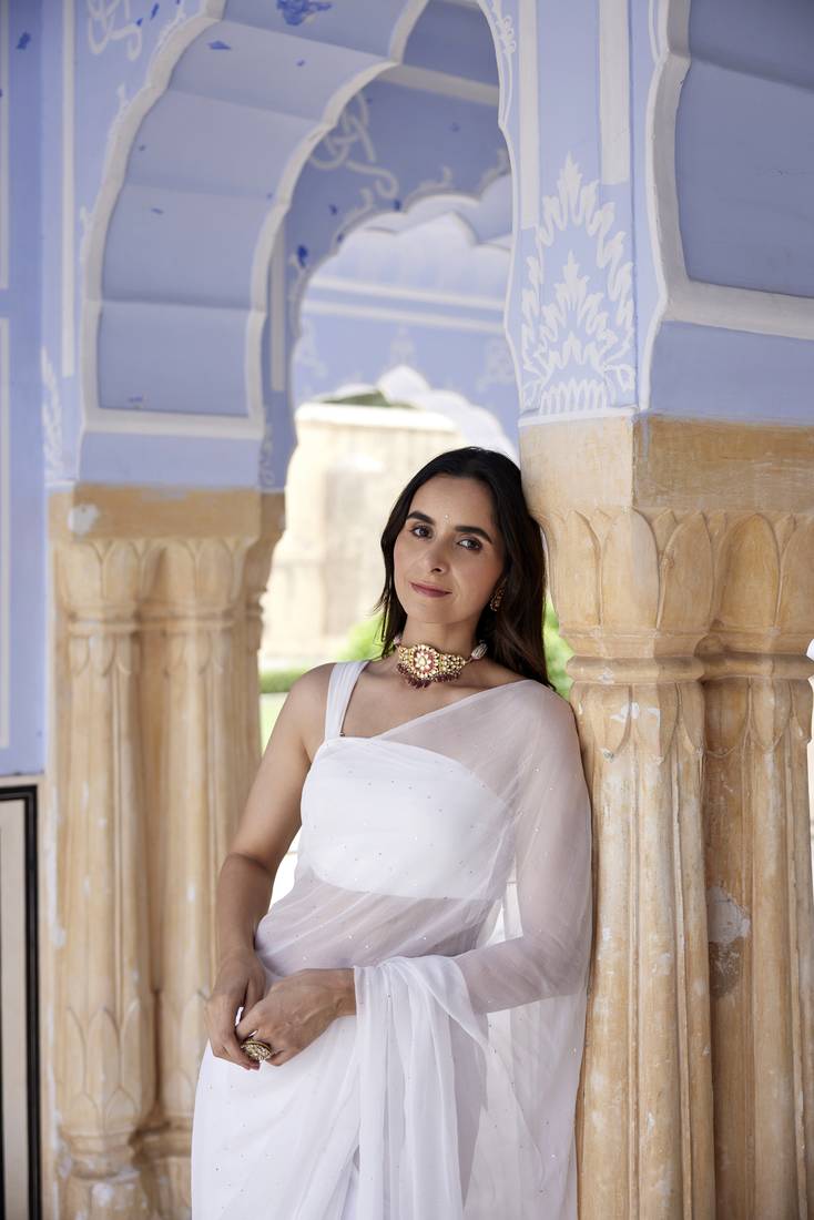 Geroo Jaipur White Hand Embroidered Mukaish Chiffon Saree