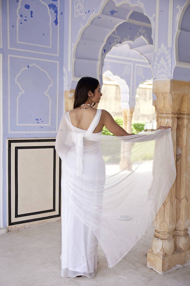 Geroo Jaipur White Hand Embroidered Mukaish Chiffon Saree