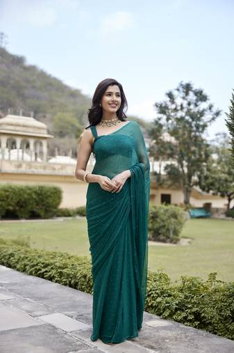 Geroo Jaipur Bottle Green Hand Embroidered Mukaish Chiffon Saree