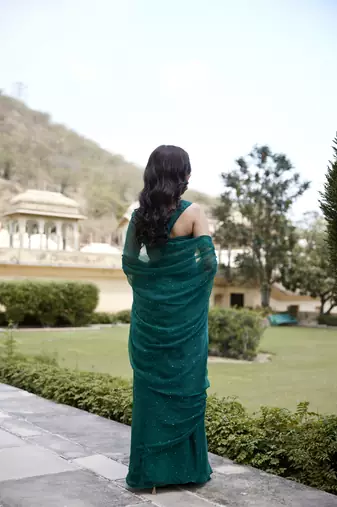   Bottle Green Hand Embroidered Mukaish Chiffon Saree