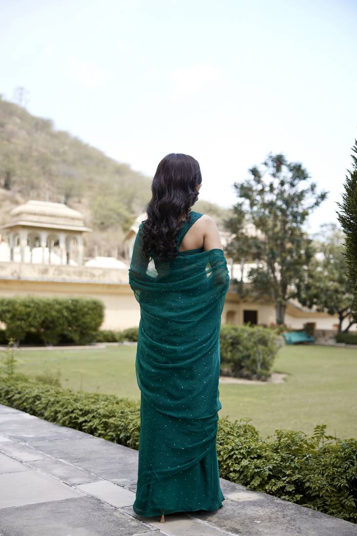 Geroo Jaipur Bottle Green Hand Embroidered Mukaish Chiffon Saree