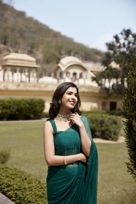   Bottle Green Hand Embroidered Mukaish Chiffon Saree 3