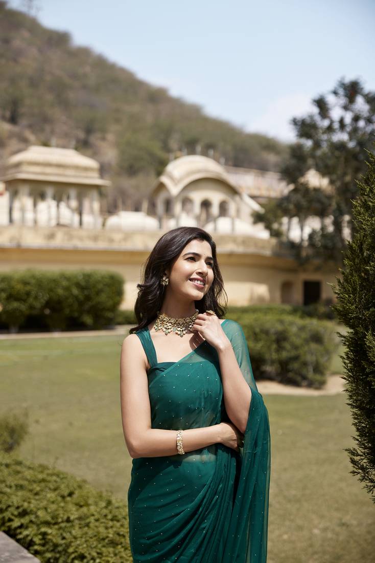 Geroo Jaipur Bottle Green Hand Embroidered Mukaish Chiffon Saree