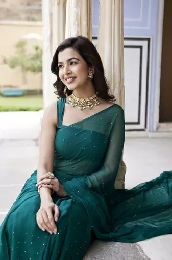   Bottle Green Hand Embroidered Mukaish Chiffon Saree