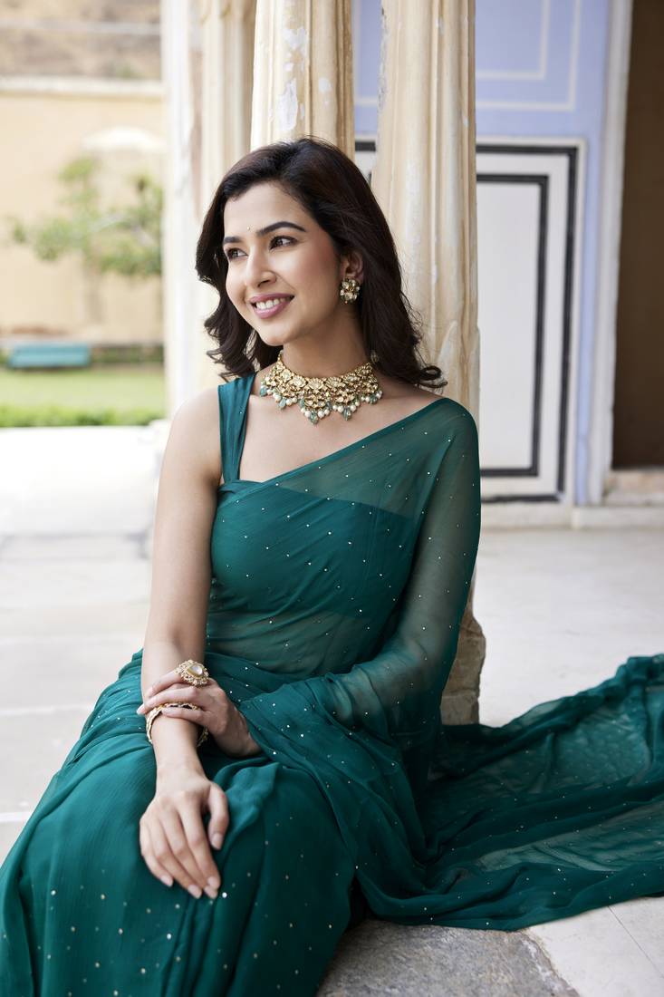 Geroo Jaipur Bottle Green Hand Embroidered Mukaish Chiffon Saree