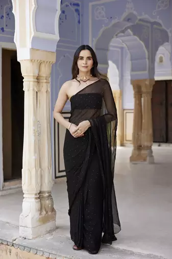   Black Hand Embroidered Mukaish Chiffon Saree