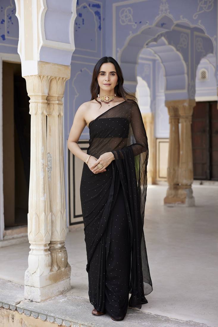 Geroo Jaipur Black Hand Embroidered Mukaish Chiffon Saree