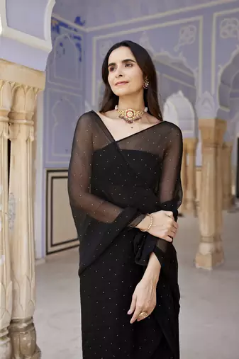   Black Hand Embroidered Mukaish Chiffon Saree