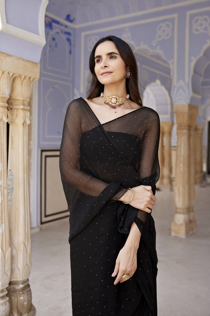 Geroo Jaipur Black Hand Embroidered Mukaish Chiffon Saree