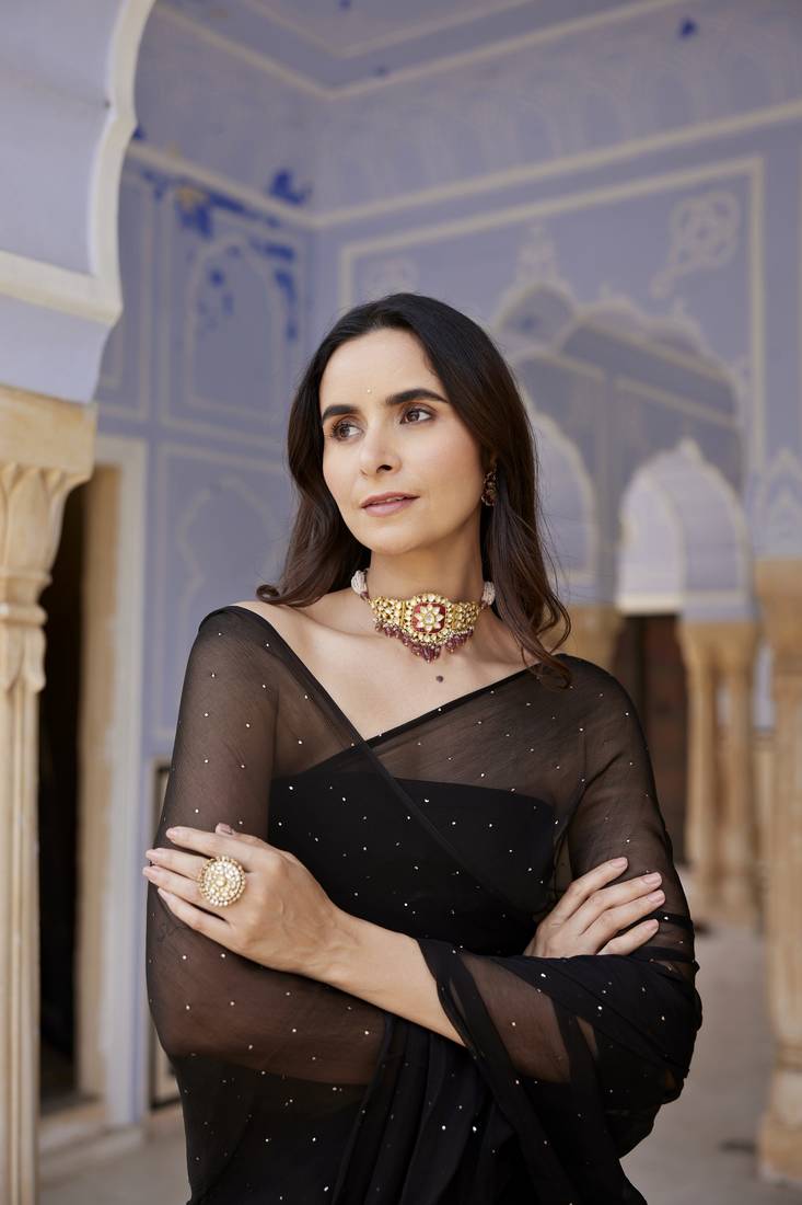Geroo Jaipur Black Hand Embroidered Mukaish Chiffon Saree