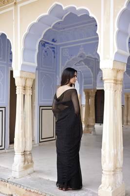   Black Hand Embroidered Mukaish Chiffon Saree 5