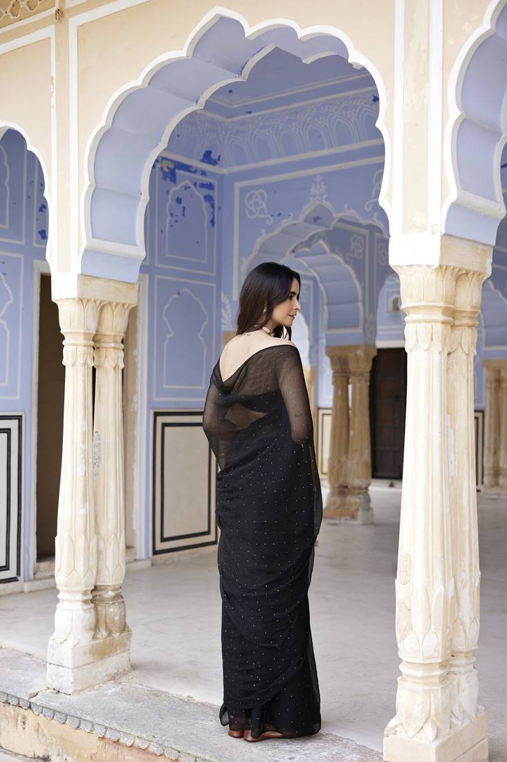 Geroo Jaipur Black Hand Embroidered Mukaish Chiffon Saree