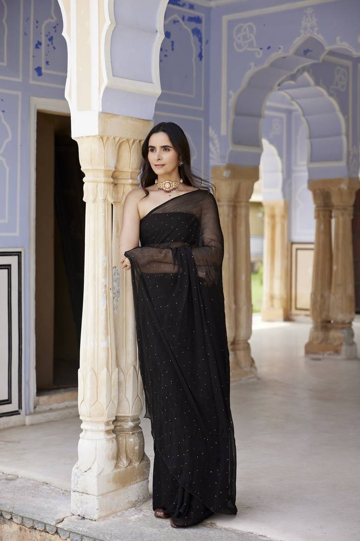 Geroo Jaipur Black Hand Embroidered Mukaish Chiffon Saree