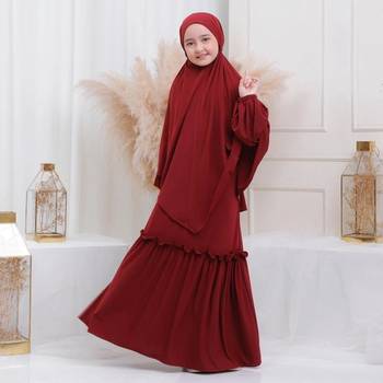 modest city maroon crepe abaya & khimar set for kids 1