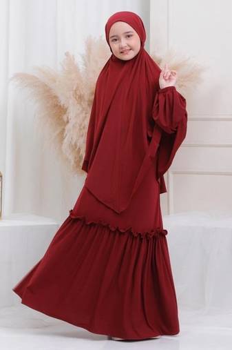modest city maroon crepe abaya & khimar set for kids