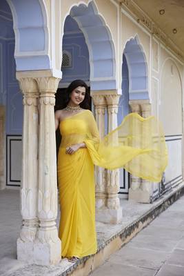   Yellow Hand Embroidered Mukaish Chiffon Saree 1