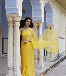   Yellow Hand Embroidered Mukaish Chiffon Saree