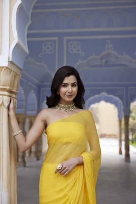  Yellow Hand Embroidered Mukaish Chiffon Saree 2