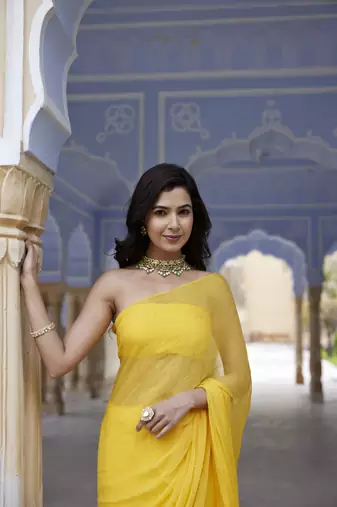   Yellow Hand Embroidered Mukaish Chiffon Saree