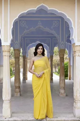   Yellow Hand Embroidered Mukaish Chiffon Saree
