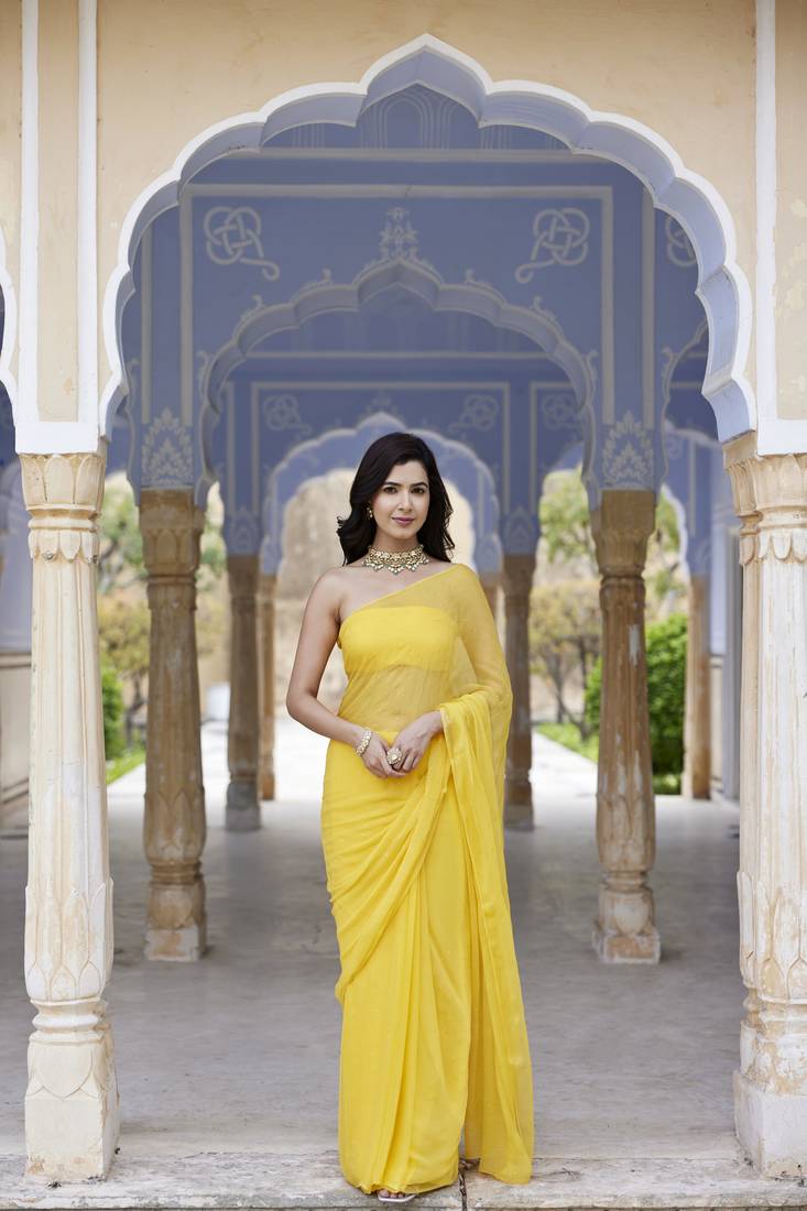 Geroo Jaipur Yellow Hand Embroidered Mukaish Chiffon Saree