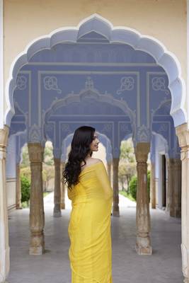   Yellow Hand Embroidered Mukaish Chiffon Saree 4