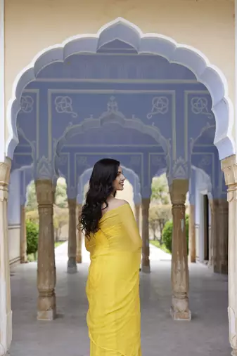   Yellow Hand Embroidered Mukaish Chiffon Saree