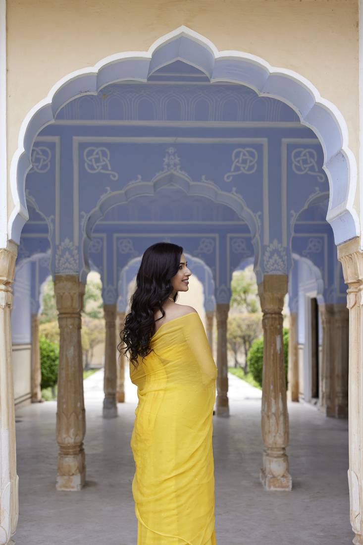 Geroo Jaipur Yellow Hand Embroidered Mukaish Chiffon Saree