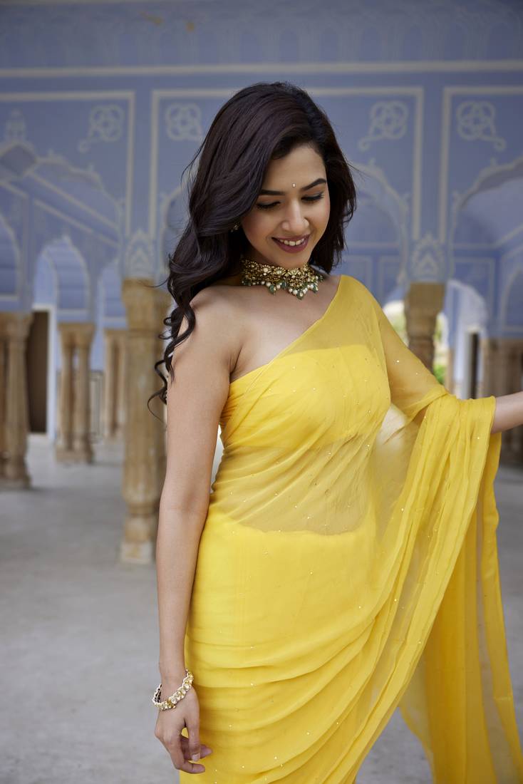 Geroo Jaipur Yellow Hand Embroidered Mukaish Chiffon Saree
