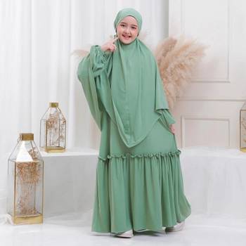 Kids or Children or Girls Abaya or Burqa Beautiful Self Design Green Crepe Islamic Abaya for Kids with Khimar 1