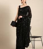 Kimisha women's black georgette sequence saree with unstitched blouse piece