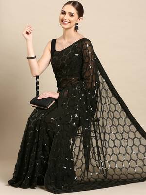 Black Georgette Sequence Saree With Unstitched Blouse Piece 1