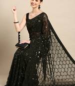 Black Georgette Sequence Saree With Unstitched Blouse Piece