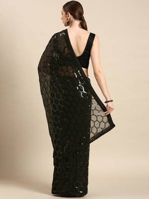 Black Georgette Sequence Saree With Unstitched Blouse Piece 2