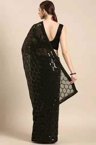 Black Georgette Sequence Saree With Unstitched Blouse Piece