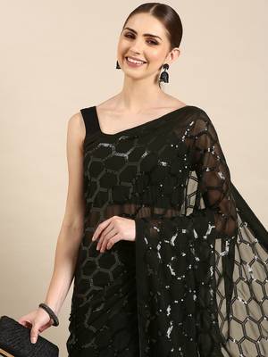 Black Georgette Sequence Saree With Unstitched Blouse Piece 3