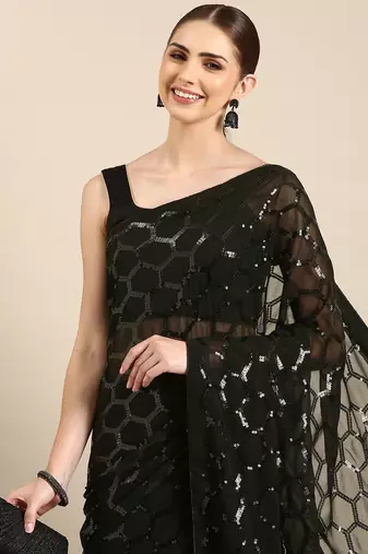 Black Georgette Sequence Saree With Unstitched Blouse Piece