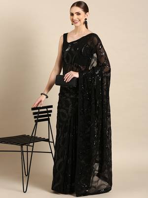 Black Georgette Sequence Saree With Unstitched Blouse Piece 1