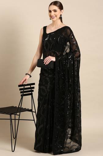 Black Georgette Sequence Saree With Unstitched Blouse Piece