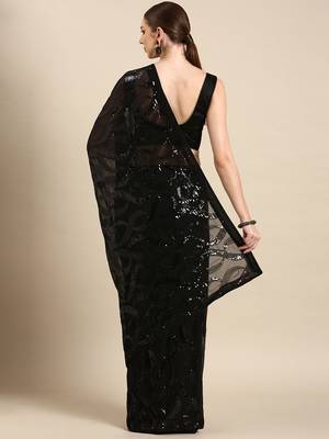 Black Georgette Sequence Saree With Unstitched Blouse Piece 2