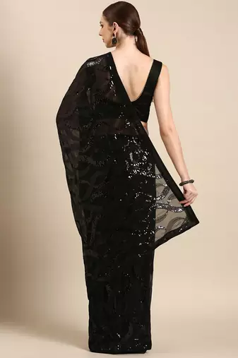 Black Georgette Sequence Saree With Unstitched Blouse Piece