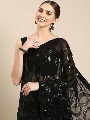 Black Georgette Sequence Saree With Unstitched Blouse Piece 3