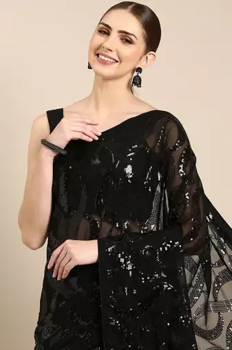 Black Georgette Sequence Saree With Unstitched Blouse Piece