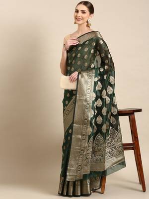 Bottle Green Organza Faux Kanjeevaram Woven Saree With Unstitched Blouse Piece 1