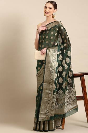 Bottle Green Organza Faux Kanjeevaram Woven Saree With Unstitched Blouse Piece