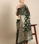 Bottle Green Organza Faux Kanjeevaram Woven Saree With Unstitched Blouse Piece