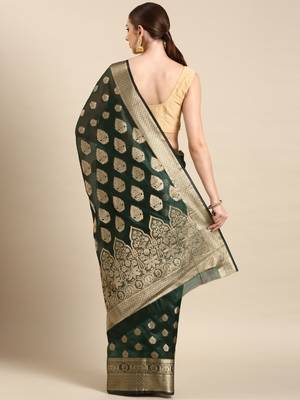 Bottle Green Organza Faux Kanjeevaram Woven Saree With Unstitched Blouse Piece 2